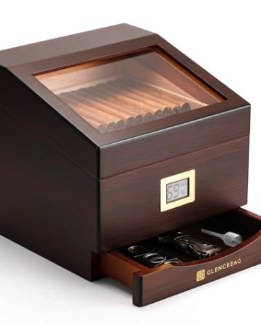 GLENCREAG FT-2042 Cigar Humidor Box for up to 85 Cigars – Spanish Cedar Lining, Digital Hygrometer, Accessory Drawer, Humidifier & Clear Display – Elegant Gift for Cigar Enthusiasts