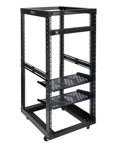 RIVECO 25U Open Frame Server Rack with Wheels + PDU (8 Outlets) Power Strip Surge Protector (2pcs Rack Shelves +1 PDU, 25U)