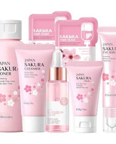 Skin Care Set Sakura Women Beauty Gift Sets Korean Skin Care Kit- Cleanser,Serum,Face Cream,Toner,Eye Cream,Mud Mask-Skin Care Routine Kit (One Size, Cherry Blossom-StyleA-Bae Moisturizing)