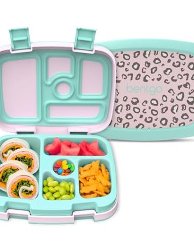 Bentgo Kids Prints Leak-Proof, 5-Compartment Bento-Style Kids Lunch Box - Ideal Portion Sizes for Ages 3-7, Durable, Drop-Proof, Dishwasher Safe, & PFAS & BPA-Free Materials (Leopard)