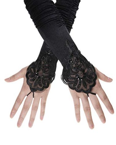 PENTA ANGEL 1920s Black Long Opera Gloves with Finger Loops Stretchy Fingerless Floral Embroidery Sequins Satin Evening Bridal Party Elbow Gloves for Women Theme Party Halloween Costume