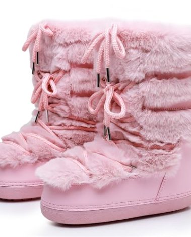 ZHENAIYISHENG Furry Faux Fur Boots for Women - Fuzzy Winter Snow Boots - Fluffy Black White Pink Lace-up Water-Resistant Platform Mid-Calf Boots(pink, 6, 7)