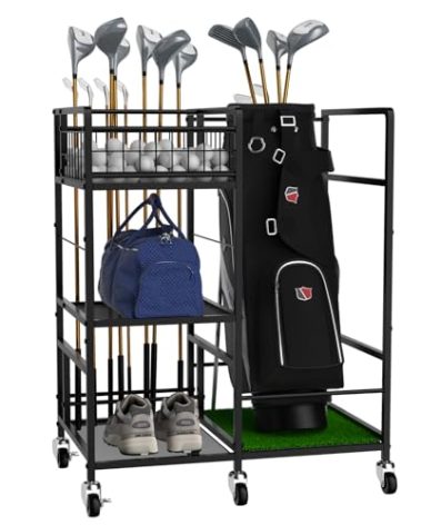 Golf Bag Organizer Rack Golf Club Storage Organizer for Garage Metal Golf Club Holder with Wheels 3 Tier Golf Bag Stand for Club, Balls, Shed and Basement, Black