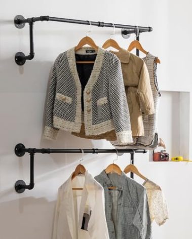 Homeyeeng Clothes Rack, Industrial Wall Pipe Clothing Rack for Hanging Clothes, Wall Mounted Heavy Duty Space Saving Garment Rack, Multi-Purpose Clothing Hanging Rods for Closet Storage, Black, 2Pcs