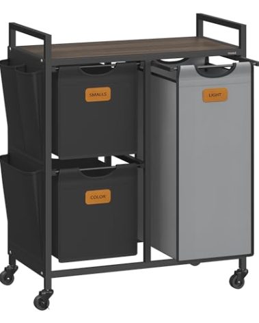VASAGLE Laundry Hamper with 3 Compartments, 26.4 Gal. (100 L) Laundry Sorter, Rolling Laundry Cart with Shelves, Small Side Pockets, 6 Labels, Chestnut Brown, Ink Black and Dove Gray UBLH202B01