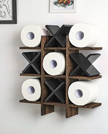 Weysat Tic Tac Toe Toilet Paper Holder Stand Bathroom Wall Decor Rustic Wooden Hanging Storage Freestanding Wall Mounted Shelves Decor for Toilet Tissue Farmhouse