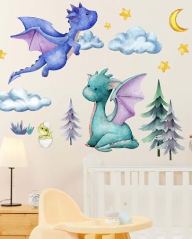 Amimagen Baby Dragon Wall Stickers - Star Moon Dragon Eggs Wall Decals - Baby Bedroom Boys Nursery Kids Room Daycare Wall Decor
