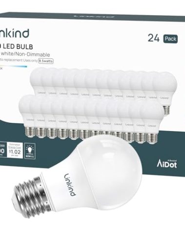 Linkind A19 LED Light Bulbs, 60W Equivalent, 8.5W Energy Efficient, 2700K Soft White Light Bulbs, 800 Lumens Non-Dimmable Bulbs, E26 Standard Base for Bedroom Home Office, 24 Packs