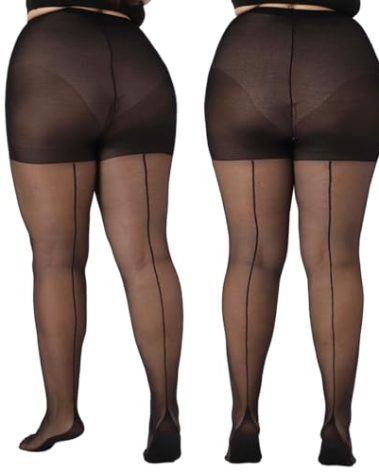 MERYLURE 2 Pairs Women's Plus Size Backseam 20D Sheer Tights, Control Top Pantyhose with Reinforced Toes