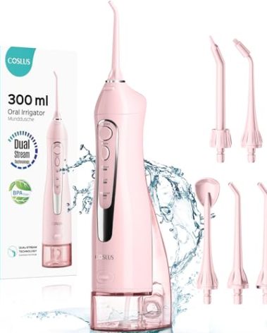 COSLUS Water Dental Flosser Teeth Pick: Portable Cordless Oral Irrigator 300ML Rechargeable Travel Irrigation Cleaner IPX7 Waterproof Electric Flossing Machine for Teeth Cleaning C20(F5020E) Pink