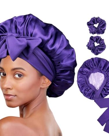 Satin Bonnet for Sleeping Silk Bonnet for Sleeping Women Double Layer Silk Hair Wrap Sleep Bonet Satin Bonnets for Curly Hair and Braids (Purple)