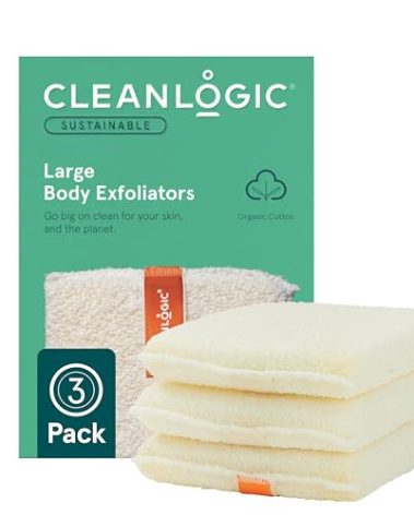 Cleanlogic Organic Cotton Exfoliating Body Scrubber, Reusable Exfoliator Tool for Smooth Skin, Daily Skincare Routine, Natural, 3 Ct Value Pack