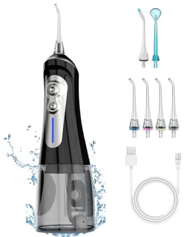 Flosser Cordless for Teeth Pick Cleaning - Powerful Oral Irrigator with 6 Adjustable Modes,320ML Portable & Rechargeable IPX7 Waterproof Cleaner Picks for Home Travel (Black)