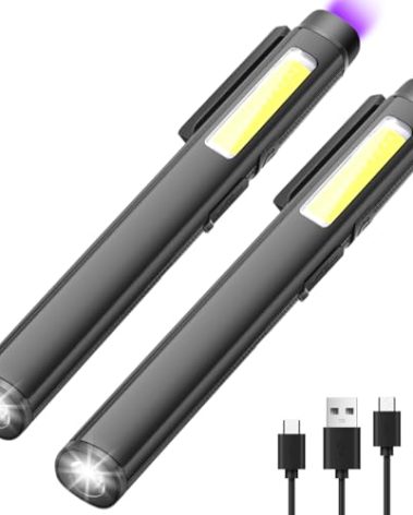 2 Pack LED Pen Flashlight, Bright USB Rechargeable Pen Light Penlight with 365nm UV Black Light, 600LM Pocket Flashlight with Clip for Inspection, Work, Repair, Pet Secretion, Magnetic Cob Lights