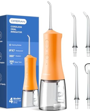 Operan Water Flossers for Teeth Cleaning, Upgraded 300ml Cordless Water Dental Flossers Portable Rechargeable Oral Irrigator with 4 Modes 4 Jet Tips IPX7 Waterproof for Home Travel, Orange