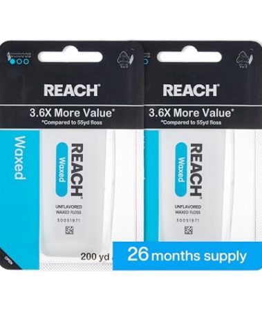 REACH Waxed Dental Floss, Unflavored, 3.6X More Value, Plaque Remover for Teeth, Shred Resistant, Floss Slides Smoothly, Easy to Use, Waxed, Oral Care, PFAS Free, for Adults & Kids, 2 Pack, 200 yd