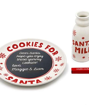 Tiny Ideas Holiday Santa’s Cookie and Milk Plate and Cup, Chalkboard Personalized Message with Included Chalk, Gift for Kids, Christmas Eve Tradition Play Set