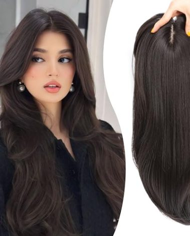 Synthetic Hair Topper with Bangs 18 Inch Layered Toppers for Women with Thinning Hair 5.5" x 5" hand Tied Forehead Hairline 360° 3D Cover Wispy Synthetic Toppers Hair for Women Fiber Wiglets
