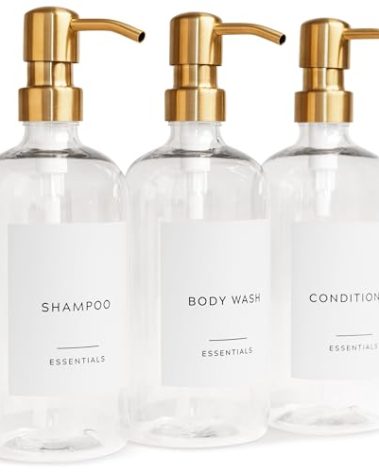 Stylish Shampoo and Conditioner Dispenser Set of 3 - Modern 21oz Shower Soap Bottles with Pump and Labels - Easy to Refill Body Wash Dispensers for an Instant Bathroom Decor Upgrade Clear