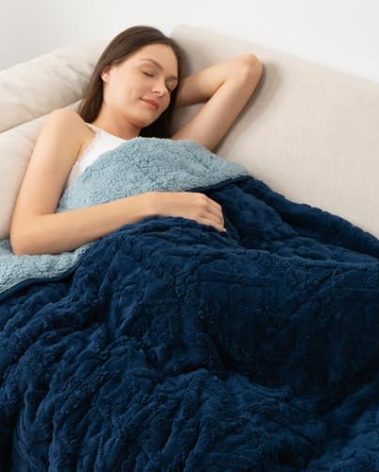 Wemore Weighted Blanket for Adults Twin Size 15 lbs, Dual Sided Soft Fuzzy Jacquard Sherpa Weighted Blankets for Sleeping, Cozy Fluffy Knitted Heavy Blanket for Couch Bed, Navy Blue, 60 x 80 inches