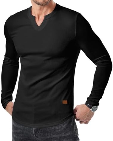 JMIERR Mens T-Shirts Casual Muscle Slim Fit V Neck Hipster Longline Henley Shirt Long Sleeve Gym Workout Athletic Fitted Tees Shirts, L, Black