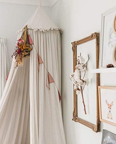 IBIZA VIBE MAMERIA Kids Bed Canopy with Frills Cotton Hanging Tent Curtain Net for Reading Nook Hideaway Bedding Play Room Decor (Beige)