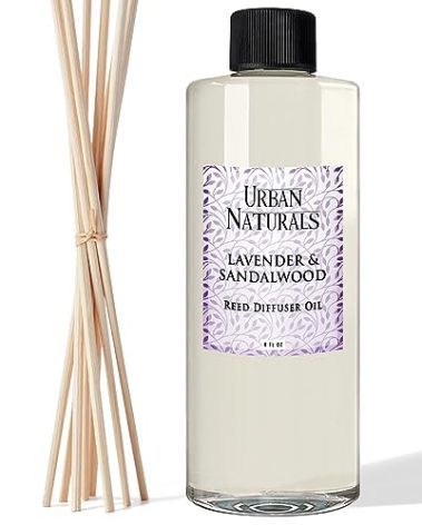 Urban Naturals Reed Diffuser Oil Refill Lavender Sandalwood with Golden Amber, Exotic Woods, Patchouli 8 oz + Free Reed Sticks, Made in The USA