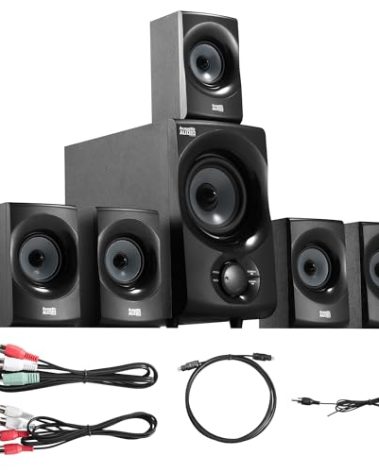 Acoustic Audio AA5172 700W Bluetooth Home Theater 5.1 Speaker System with FM Tuner, USB, SD Card, Remote Control, Powered Sub (6 Speakers, 5.1 Channels, Black with Gray)