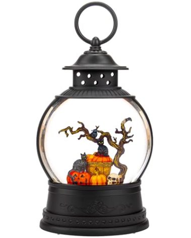 Halloween Lantern, Black Cat Snow Globes with 6H Timer, Lighted Battery & USB Operated Halloween Snow Globe, Spinning and Swirling Glitter Musical Snow Globe Halloween Decorations Indoor Gifts