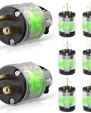 Yomiuwo 8 Pack Lighted Grounding Plug15 Amp 125 Volt Extension Cord Plug Replacement 3 Prong NEMA 5-15P 2 Pole 3 Wire Grounding Straight Blade Electrical Plug Replacement Cord Outlet ,UL Listed