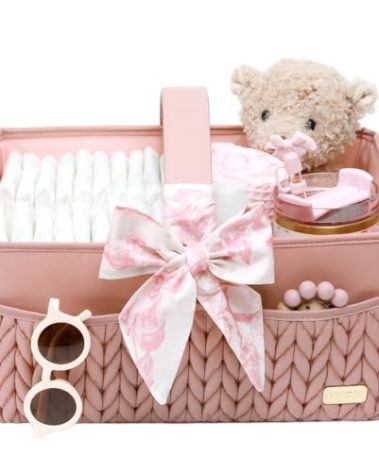 LUKJOJO Luxurious Baby Diaper Caddy, Nursery Storage Basket for Newborn Boy and Girl, Travel Baby Basket for Diapers Baby Wipes, Organizer Tote Bag Storage Bin, Baby Shower Gifts(dusty rose)