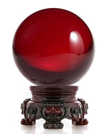 Amlong Crystal 3 inch (80mm) Red Crystal Ball with Redwood Lion Resin Stand and Gift Box for Decorative Ball, Lensball Photography, Gazing Divination or Feng Shui, and Fortune Telling Ball