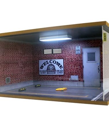 1/18 Scale Model Car Display Case - 1:18 Car Garage Display Case with Clear Acrylic Cover and LED Lighting for Die-Cast Cars, 1 Parking Route 66-Right