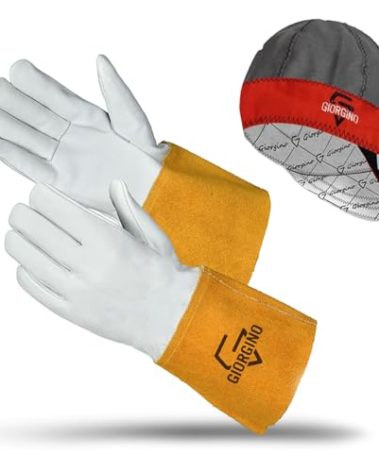Giorgino Premium TIG Welding Gloves with FREE Assorted Welding Cap Top Grain Goatskin Leather Gloves Unlined 4" Cuff (Large)