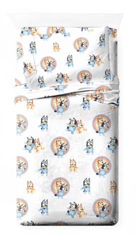 Saturday Park Bluey and Bingo Rainbow Clouds Twin Sheet Set - 3 Piece 100% Organic Cotton Sheets with Pillow Cover- GOTS & Oeko-TEX Certified