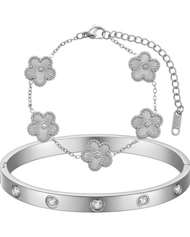 FUNIO 18K Gold Plated Clover Bracelet Love bangle Set for Women - Stack Friendship Silver Bracelet Lucky Link Bracelets Jewelry Gifts Trendy for Women