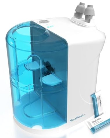 NASALFRESH MD - Dual Powered Nasal Irrigation System Nasal Rinse and Wash - Sinus Decongestant Relief System w/ 30 Saline Packets - Rechargeable - 2 Sets of Nose Pillows - Snoring Remedy