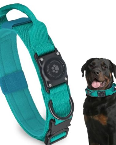 Tactical AirTag Dog Collar, 100% Waterproof Integrated Apple Air Tag Dog Collars with Hard PC AirTag Holder, Adjustable Military Collar with Handle, GPS Dog Collar for Medium Large Dog (Blue, L)
