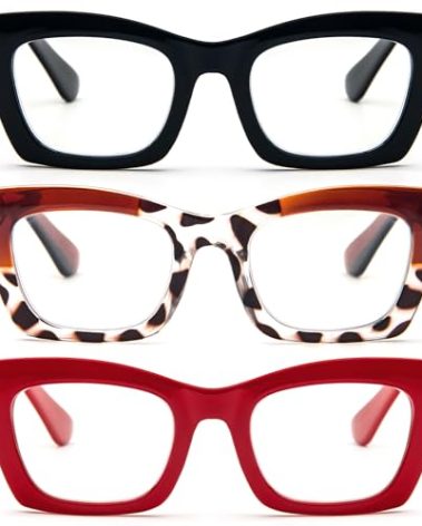 REAVEE 3 Pack Oprah Style Reading Glasses for Women Blue Light Blocking, Oversized Cute Square Fashion Computer Readers with Spring Hinge (Black/Brown Leopard/Red 1.5)