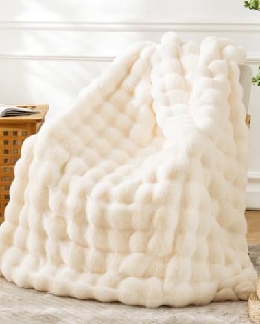 BENVWE Fluffy Faux Fur Throw Blanket for Couch, Soft Plush Thick Cozy Fuzzy Luxury Minky Bubble Blanket for Home Living Room Decor Gift for Women, Warm Ivory, 50" x 60", 1100GSM
