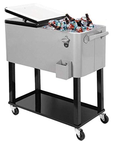 80 Quart Qt Rolling Cooler Ice Chest for Outdoor Patio Deck Party, Grey, Portable Party Bar Cold Drink Beverage Cart Tub, Backyard Cooler Trolley on Wheels with Shelf, Stand, & Bottle Opener
