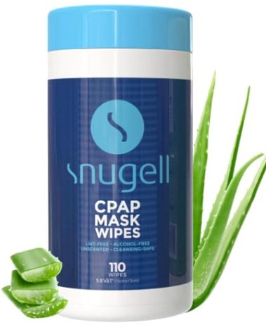 Snugell Unscented CPAP Mask Wipes – 110 Count –100% Soft Cotton – Lint & Alcohol-Free – Skin-Safe Formula with Aloe Vera – Easy-to-Open Canister – Perfect for Cleaning CPAP Masks, Tubes, and Devices