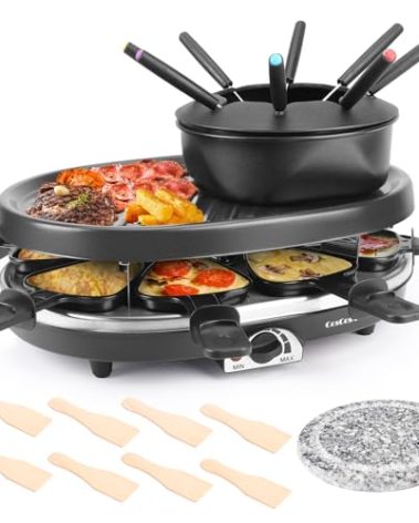 CosCosX Fondue Pot Set, Electric Fondue Pot Sets with BBQ Grill, Portable Korean BBQ Grill with Raclette Grill Plate, 8 Fondue Forks, 8 Small Nonstick Pans Temperature Control for 8 People Parties