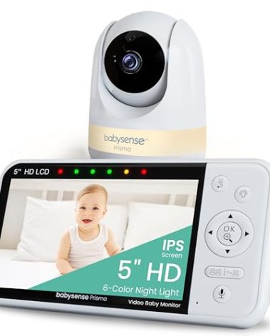 Babysense Prisma Baby Monitor with Camera and Audio, 5” HD Video Baby Monitor, 6-Color Night Light, Split Screen, Baby Sound Machine with White Noise & Lullabies, Secure No WiFi