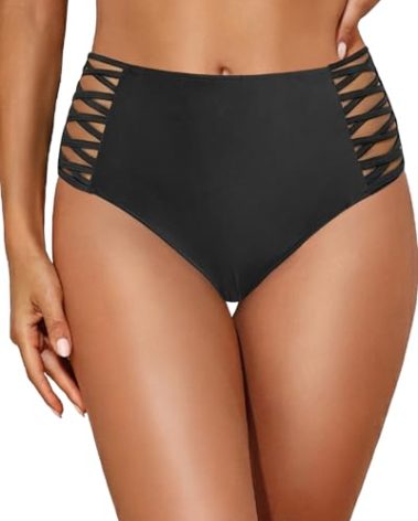 Holipick Women Black High Waisted Bikini Bottoms Tummy Control Swimsuit Bottoms Strappy Swim Bottom XL