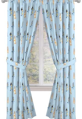 Jay Franco Window Curtains for Kids Bedroom 4-Piece Drape Set with 2 Tiebacks, Blue - Bluey & Bingo, 42" W x 84" L (Pack of 2)