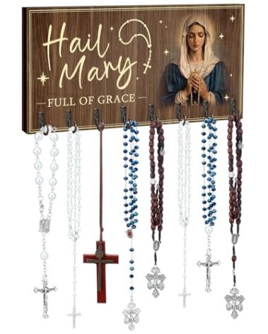 Colingmill Large Wooden Rosary Holder Wall Mounted with 8 Hangers Catholic Rosary Storage Organizer Decorative Hanger Holder for Necklace, Bracelet Prayer Storage(Classic)