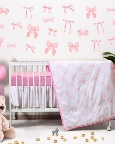SmoothNovelty 5 Pcs Pink Bow Crib Bedding Set Include Print Crib Sheets Bed Skirt Comforter Pad Cover Wall Stickers for Girls Princess Nursery Room Decoration