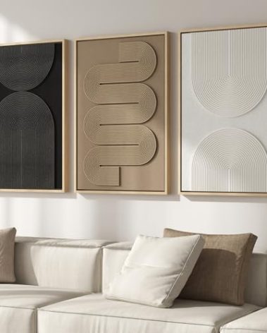 Large 3D Textured Framed Boho Neutral Abstract Wall Art for Living Room, 3 Piece Modern Paintings Artwork for Walls, Black White Brown Minimalist Geometric Pictures for Hallway Office Wall Decor 24x36 In