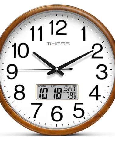 TIMESS Wall Clock, Classic Wood Style Finish, 13 Inch Non-Ticking Silent Battery Operated Quartz Analog with Perpetual Calendar and F° Temperature Display, Home, Office Décor (Chestnut Yellow)